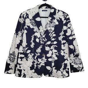 Lands End Blazer Womens Large Navy Blue White Floral Canvas Beach Coastal Preppy